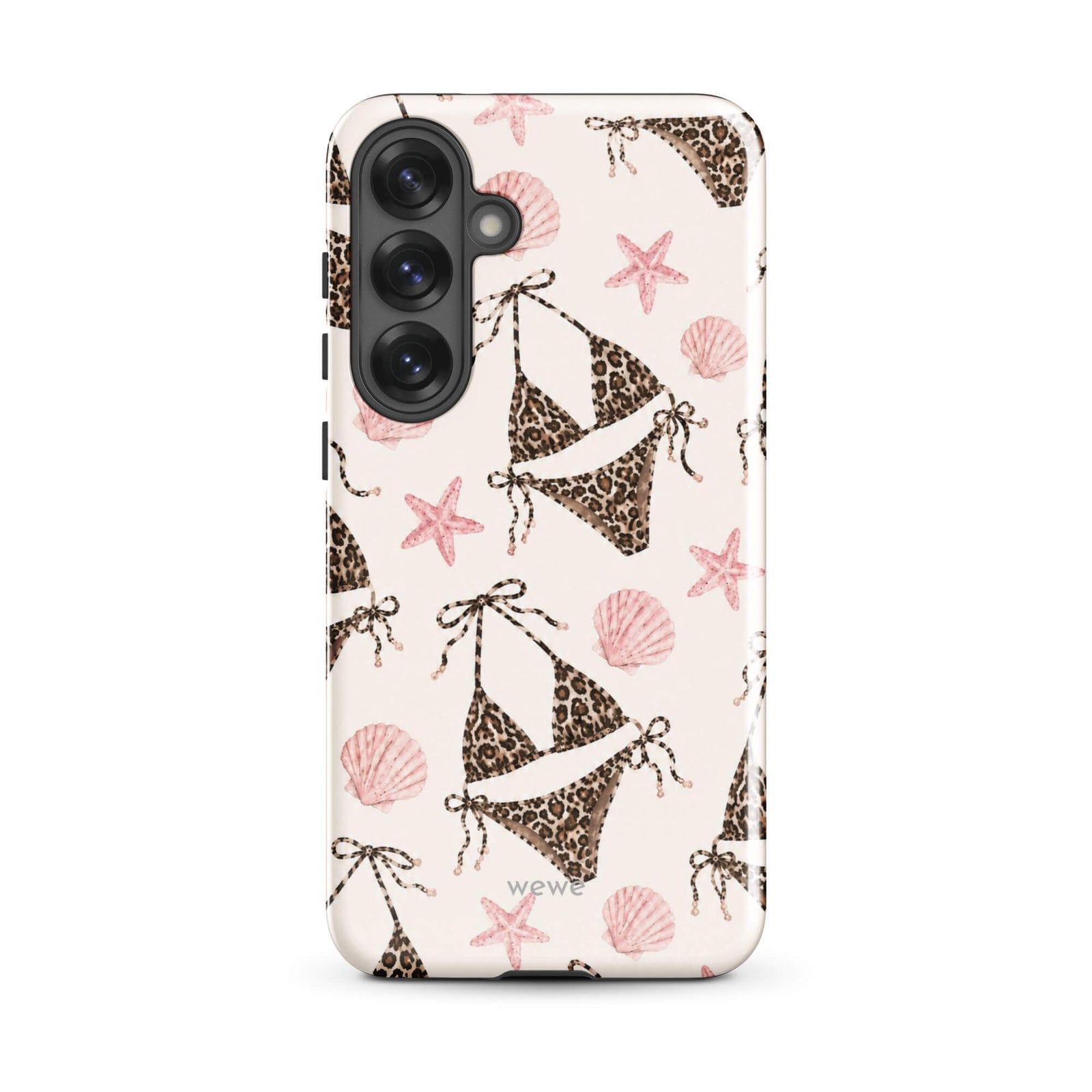 Leopard Bikini Beach Phone Case featuring brown animal-print bikinis, blush pink seashells and starfish on a cream background