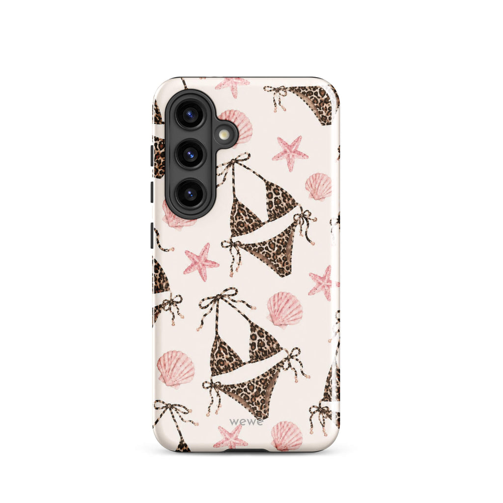 Leopard Bikini Beach Phone Case featuring brown animal-print bikinis, blush pink seashells and starfish on a cream background