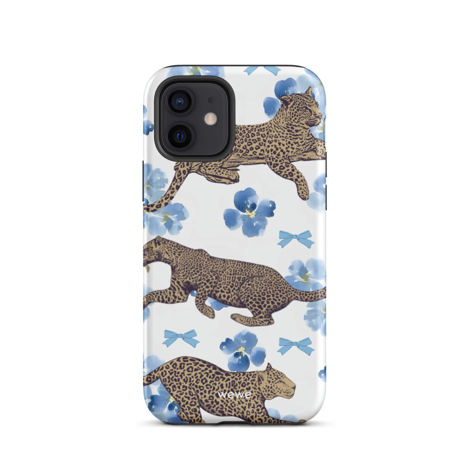 Custom iPhone case 12 with a cute pattern of leopard print cheetahs, blue pansies, and small ribbons on a white background.