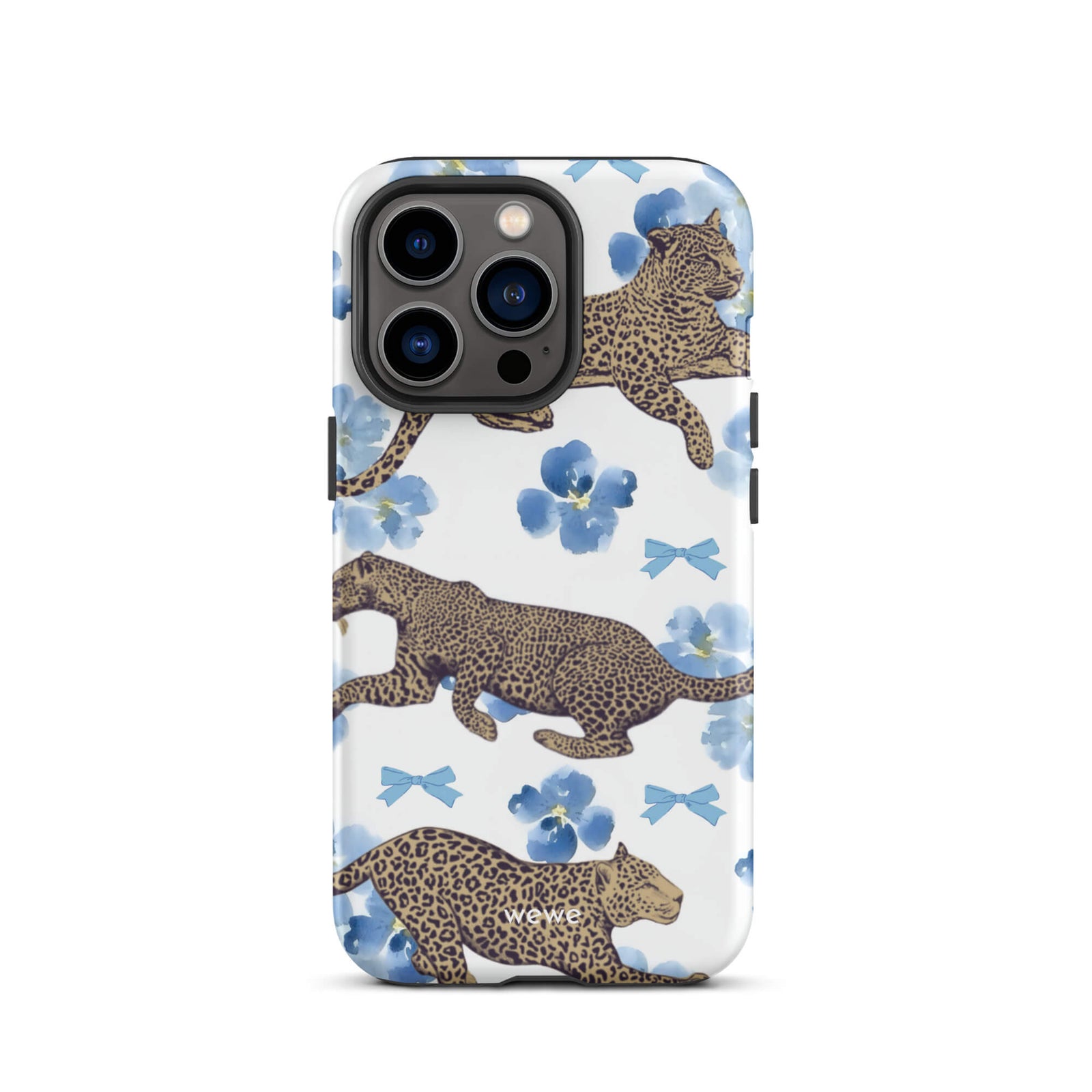 Custom iPhone case 13 pro with a cute pattern of leopard print cheetahs, blue pansies, and small ribbons on a white background.