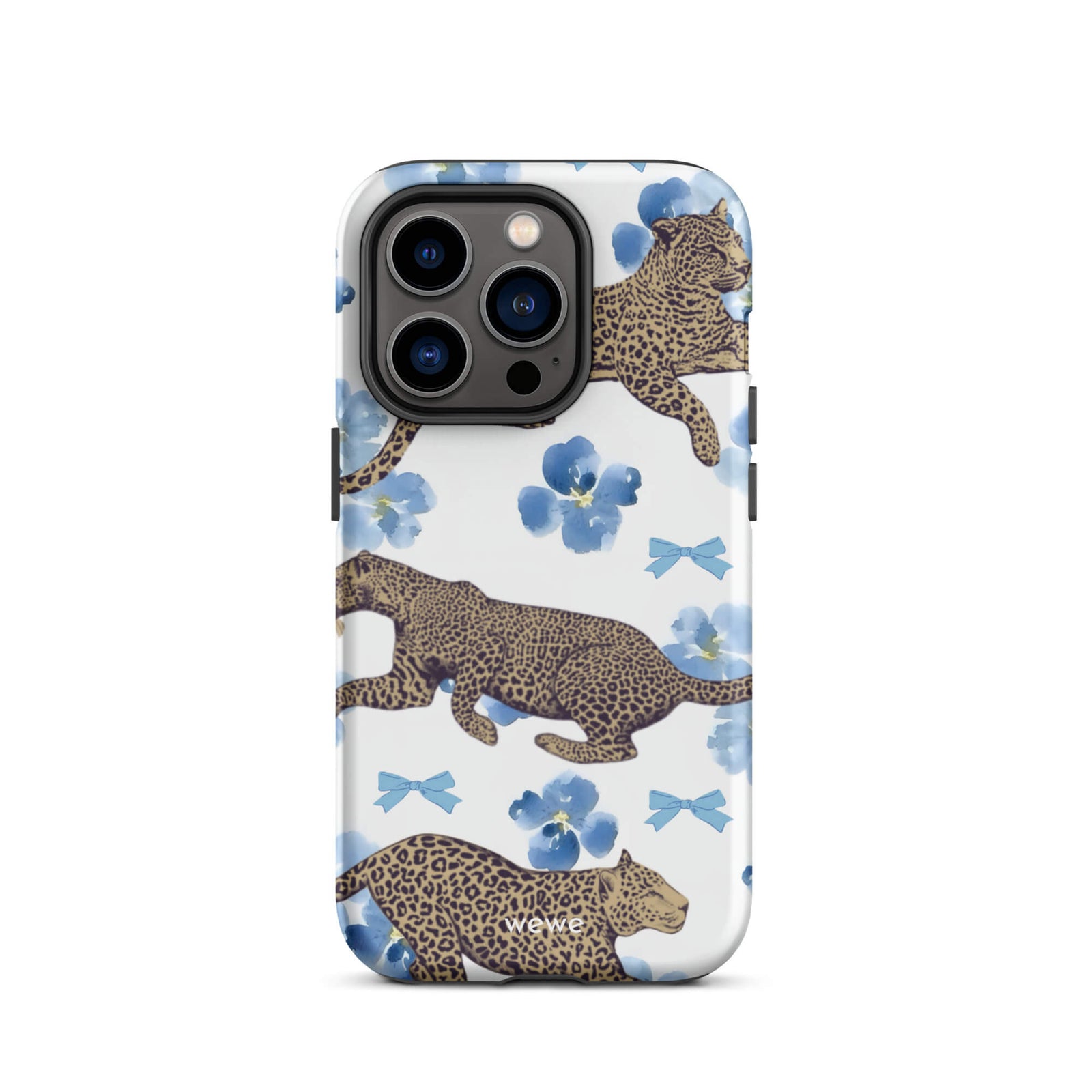 Custom iPhone case 14 pro with a cute pattern of leopard print cheetahs, blue pansies, and small ribbons on a white background.