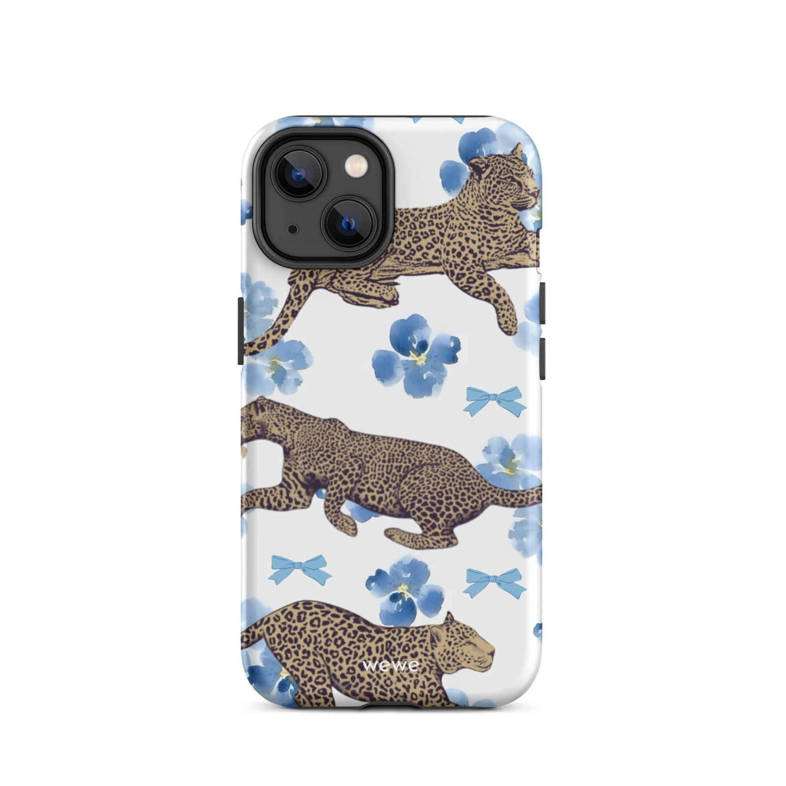 Custom iPhone case 14 with a cute pattern of leopard print cheetahs, blue pansies, and small ribbons on a white background.