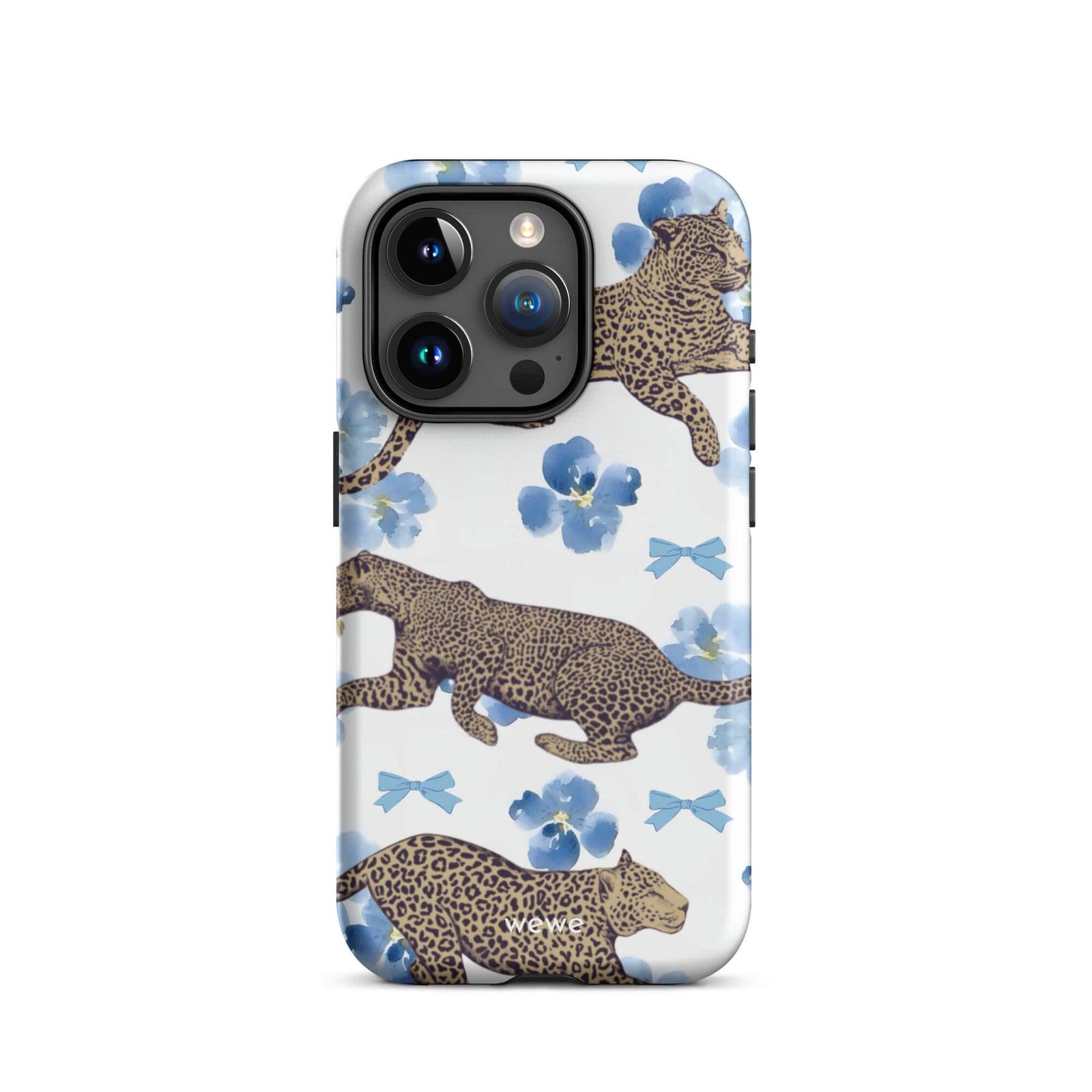 Custom iPhone case 15 pro with a cute pattern of leopard print cheetahs, blue pansies, and small ribbons on a white background.