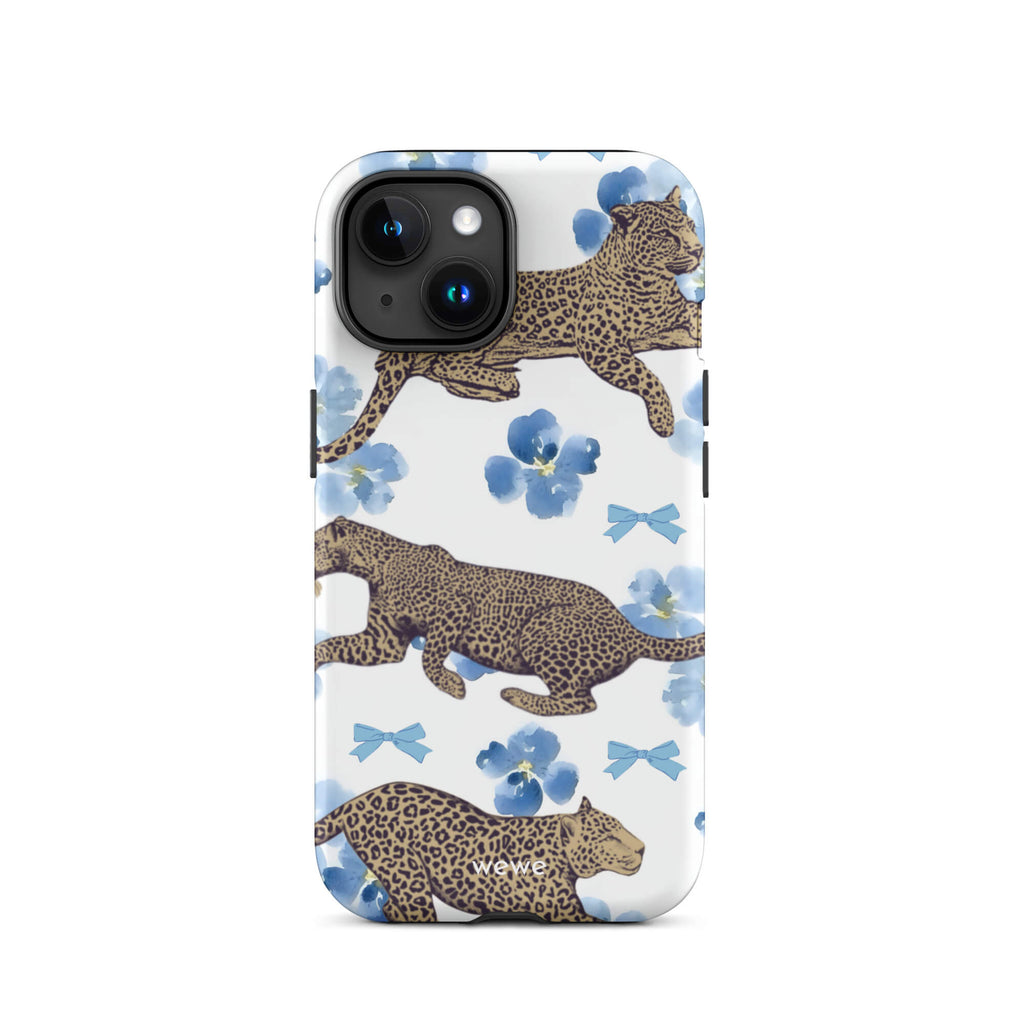 Custom iPhone case 15 with a cute pattern of leopard print cheetahs, blue pansies, and small ribbons on a white background.