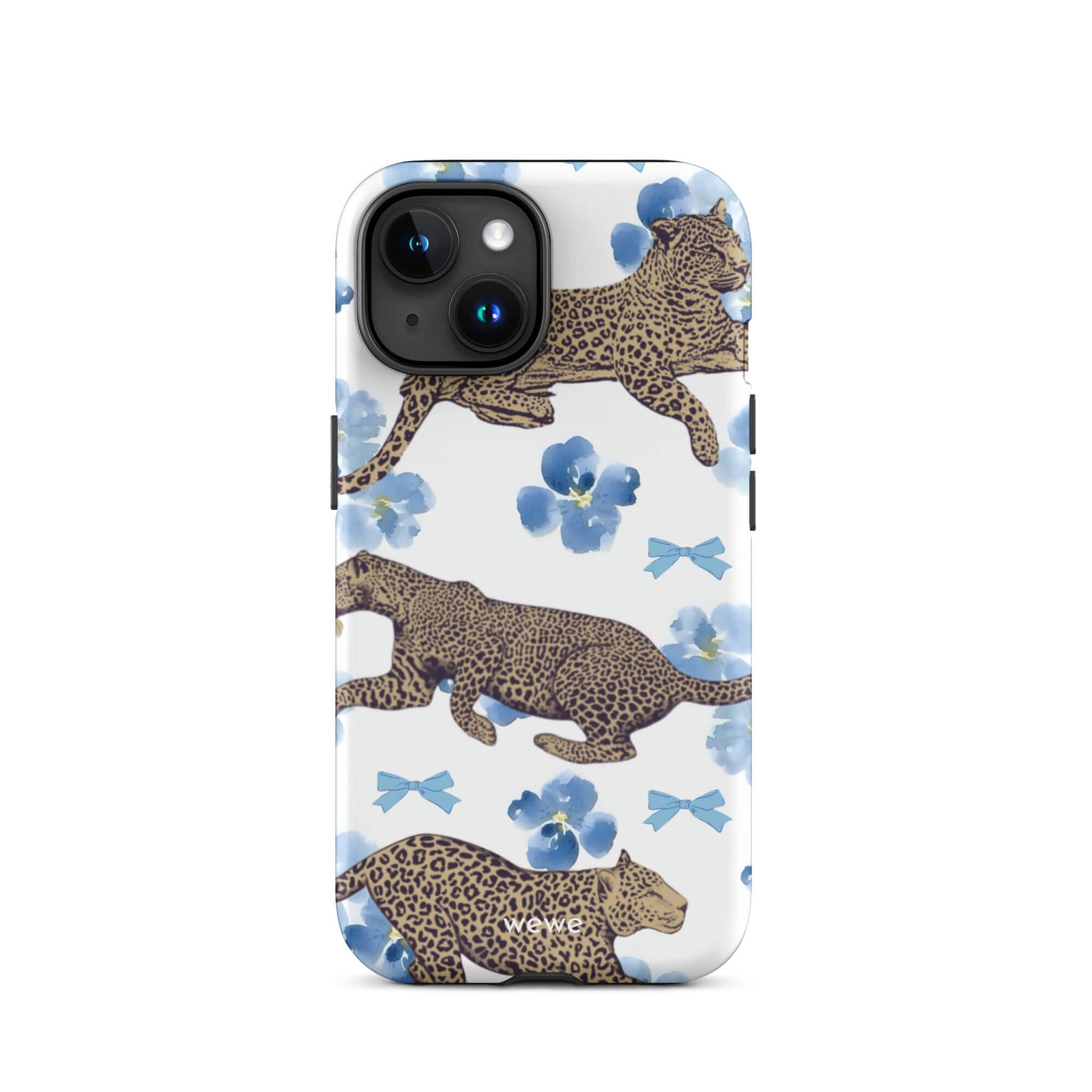 Custom iPhone case 15 with a cute pattern of leopard print cheetahs, blue pansies, and small ribbons on a white background.