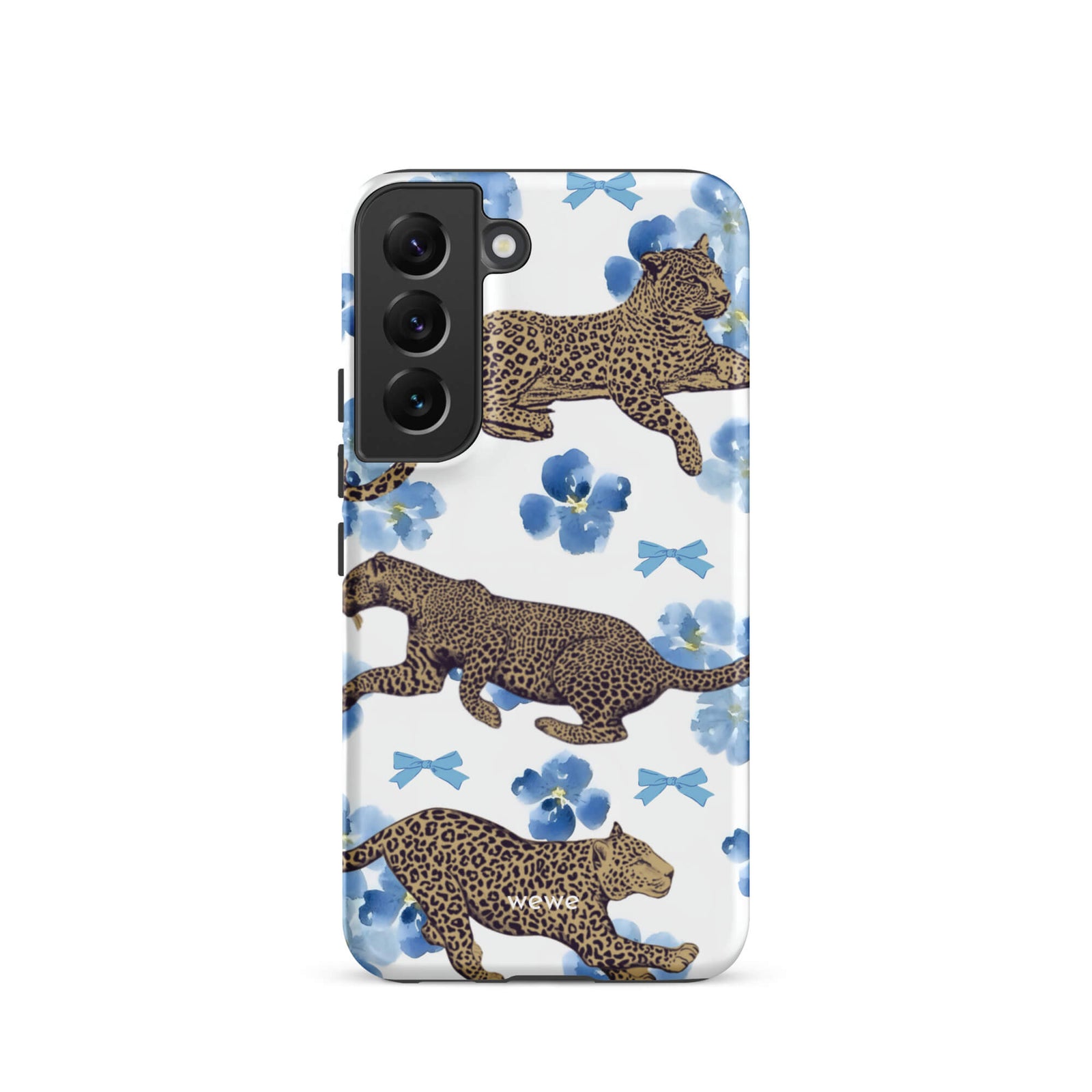 Custom samsung galaxy s22 Phone case with a cute pattern of leopard print cheetahs, blue pansies, and small ribbons on a white background.