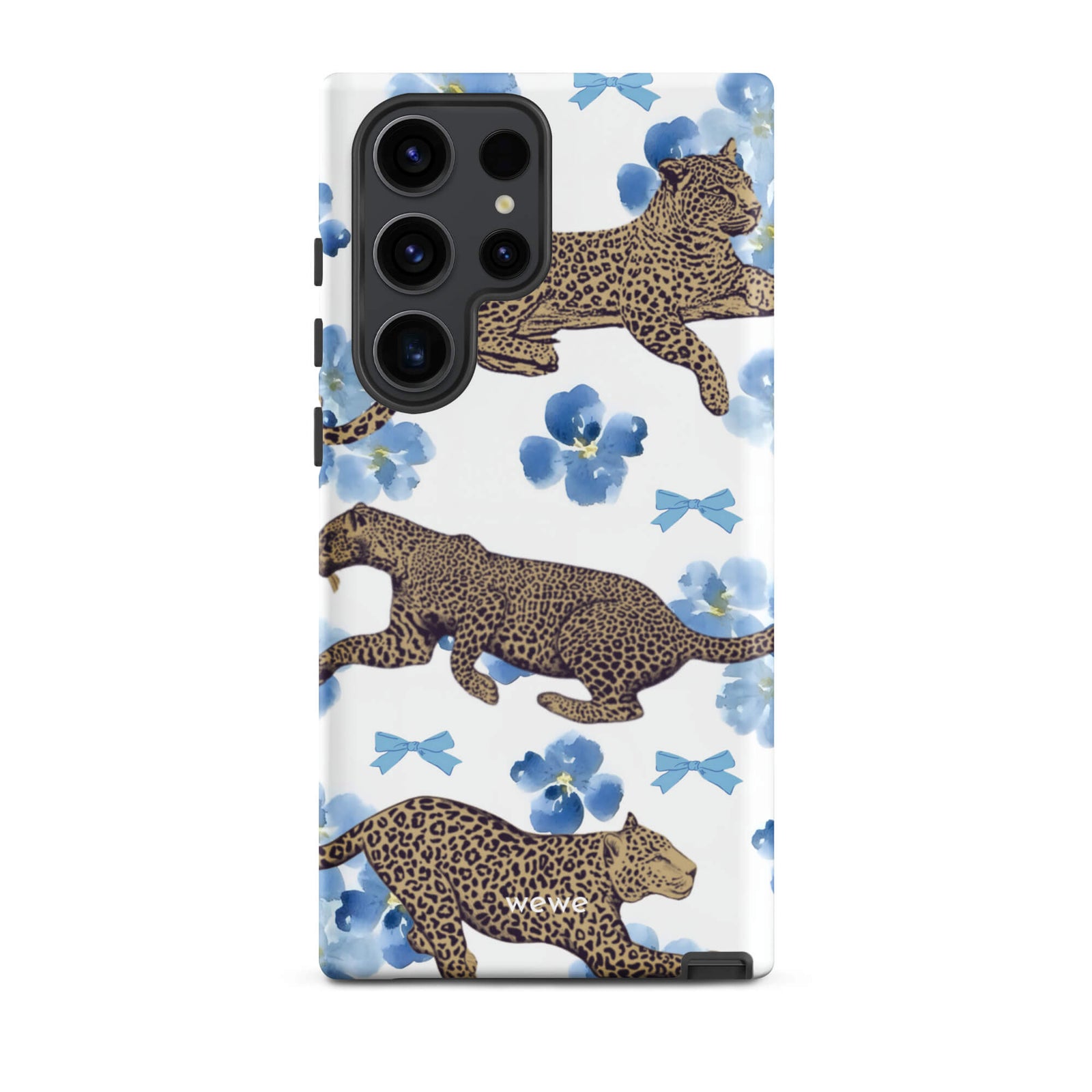 Custom samsung galaxy s23 Phone case with a cute pattern of leopard print cheetahs, blue pansies, and small ribbons on a white background.