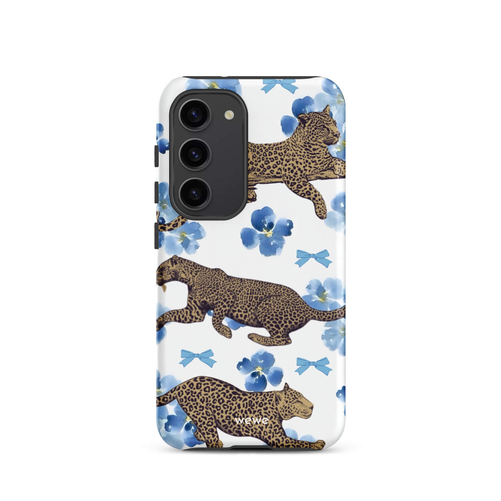 Custom samsung galaxy s23 Phone case with a cute pattern of leopard print cheetahs, blue pansies, and small ribbons on a white background.
