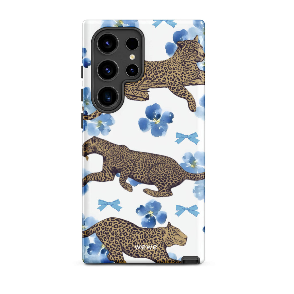 Custom samsung galaxy s24 Phone case with a cute pattern of leopard print cheetahs, blue pansies, and small ribbons on a white background.