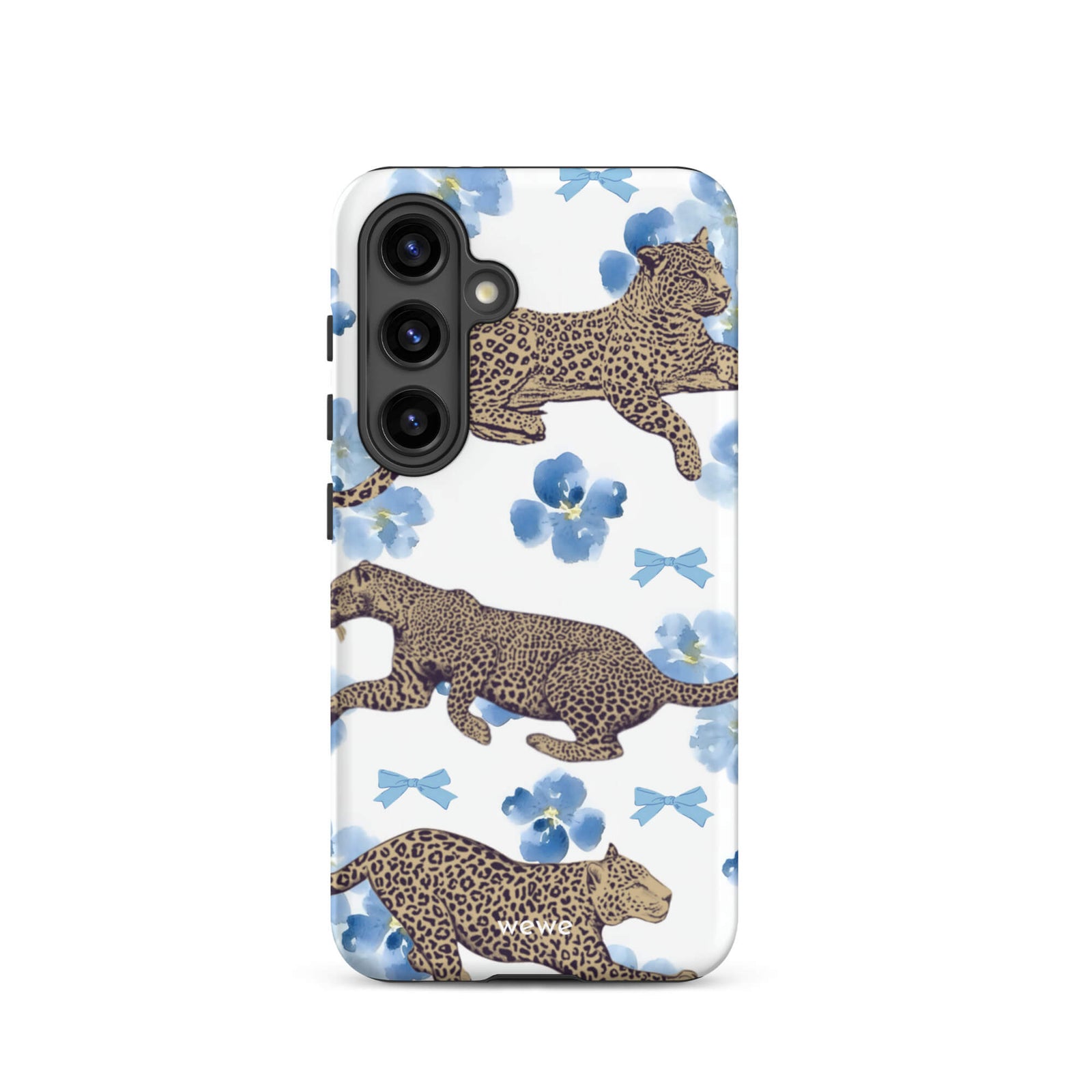 Custom samsung galaxy s24 Phone case with a cute pattern of leopard print cheetahs, blue pansies, and small ribbons on a white background.