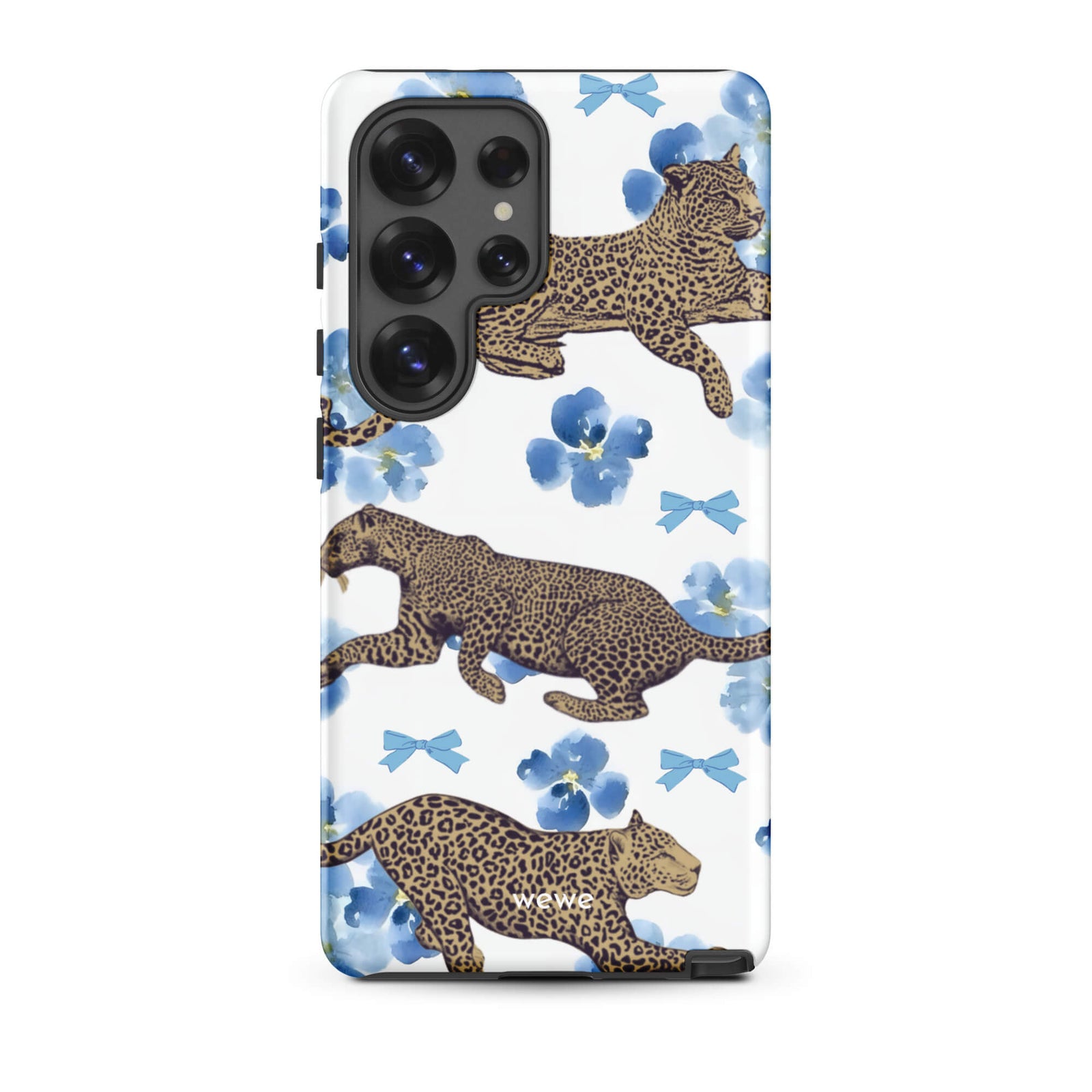 Custom samsung galaxy s25 Phone case with a cute pattern of leopard print cheetahs, blue pansies, and small ribbons on a white background.