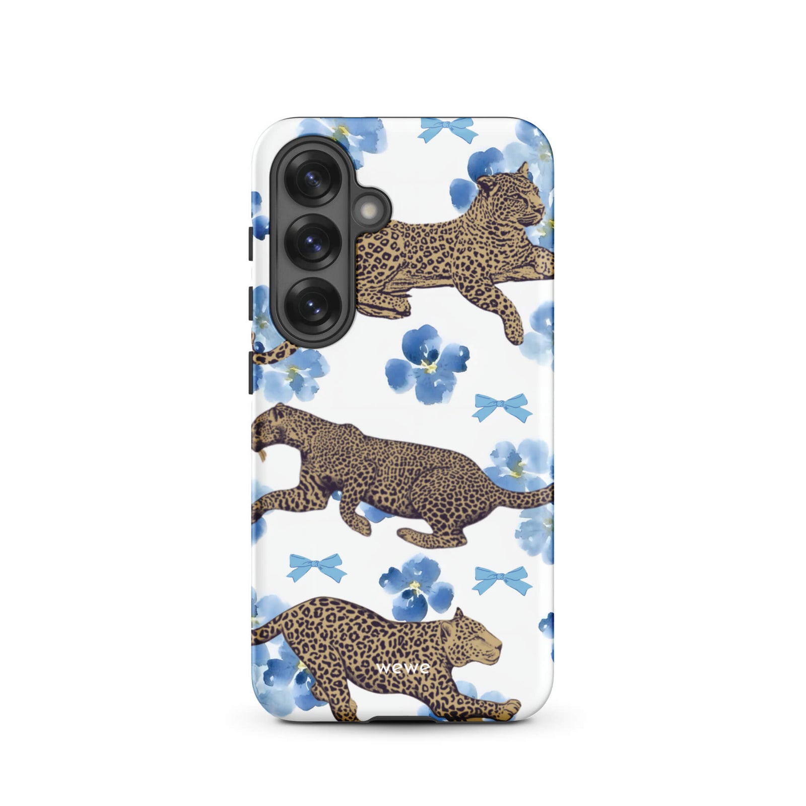Custom samsung galaxy s25 Phone case with a cute pattern of leopard print cheetahs, blue pansies, and small ribbons on a white background.