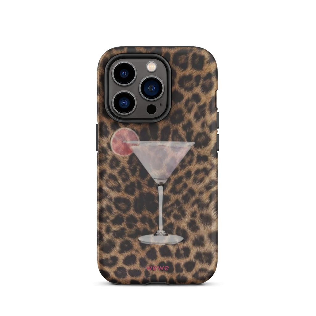 Caramel brown and black leopard print phone case with a martini-style cocktail glass and pink citrus garnish