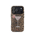 Caramel brown and black leopard print phone case with a martini-style cocktail glass and pink citrus garnish