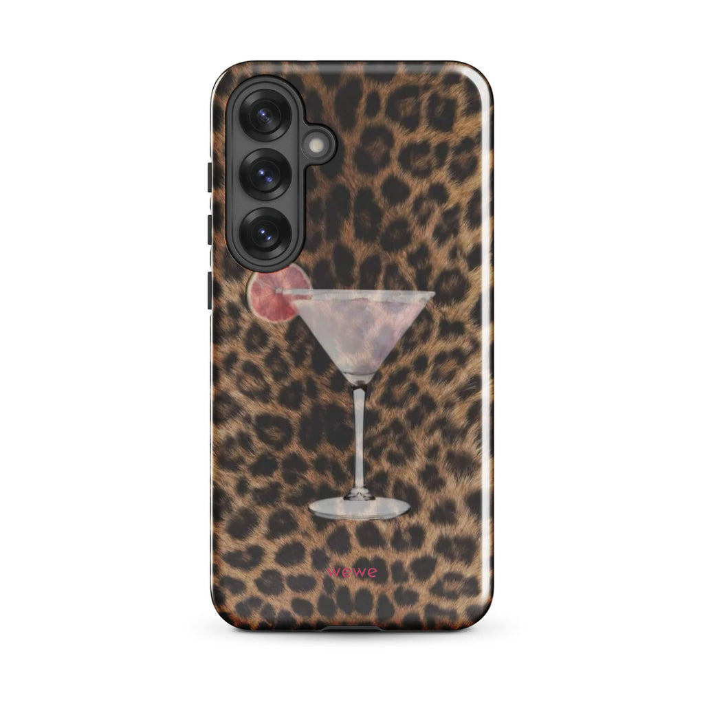 Caramel brown and black leopard print phone case with a martini-style cocktail glass and pink citrus garnish