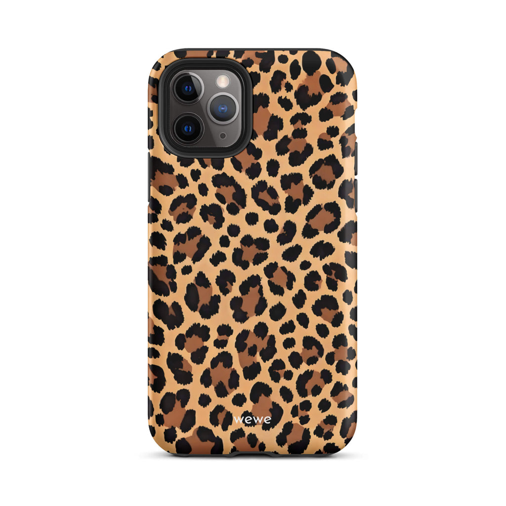 Custom iPhone case 11 pro with a classic leopard print pattern in brown and black.