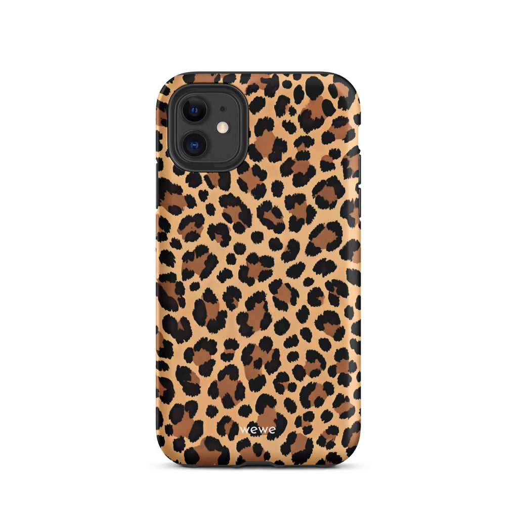 Custom iPhone case 11 with a classic leopard print pattern in brown and black.