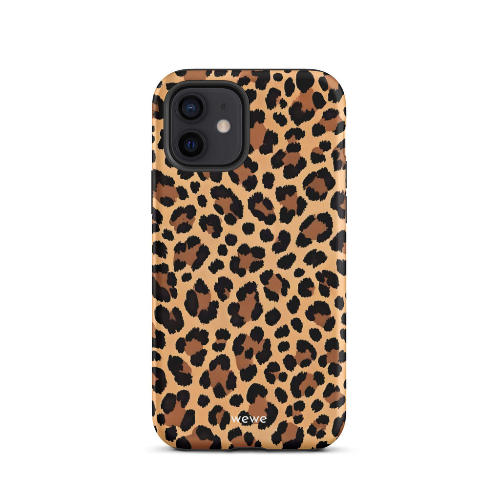 Custom iPhone case 12 with a classic leopard print pattern in brown and black.