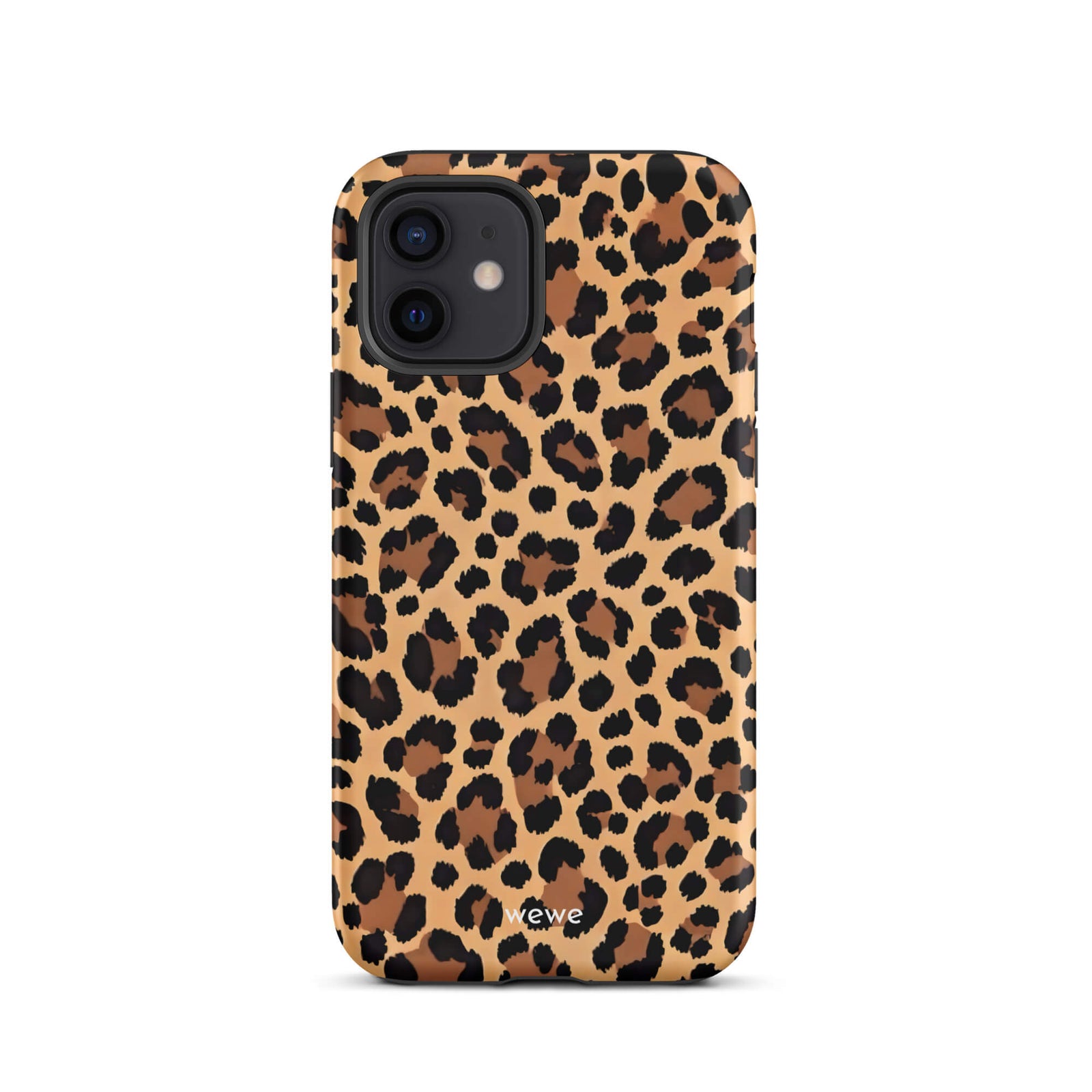 Custom iPhone case 12 with a classic leopard print pattern in brown and black.