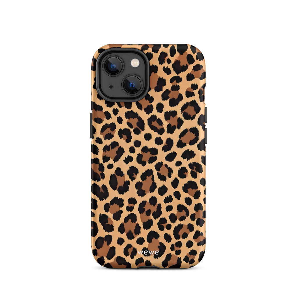 Custom iPhone case 14 with a classic leopard print pattern in brown and black.