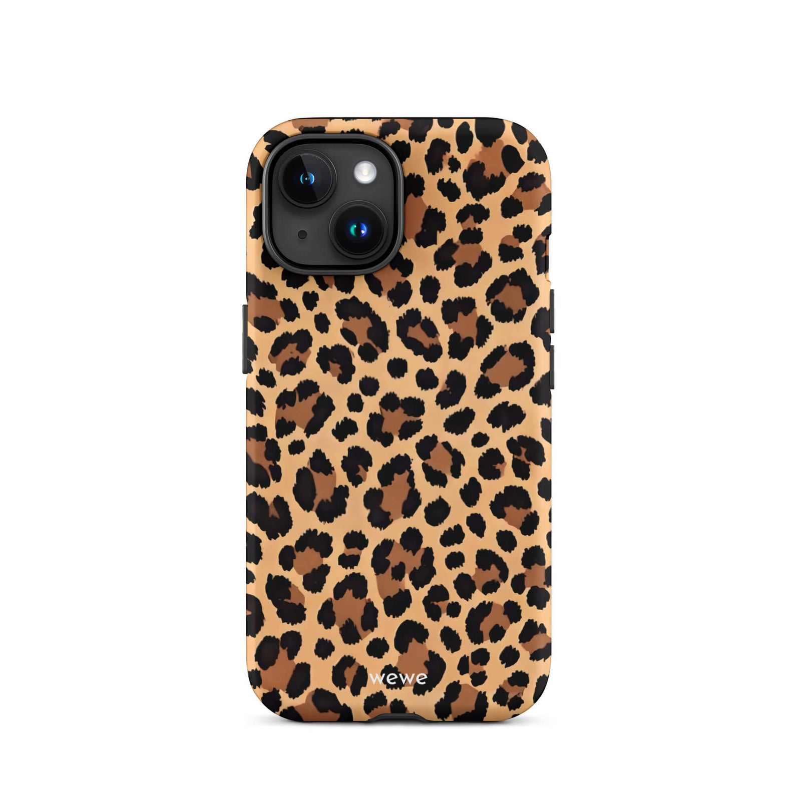 Custom iPhone case 15 with a classic leopard print pattern in brown and black.