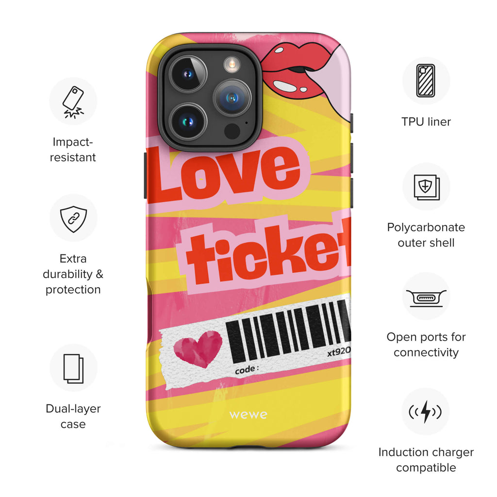 Custom sweet love ticket iphone case 16 pro max wireless charging compatible.