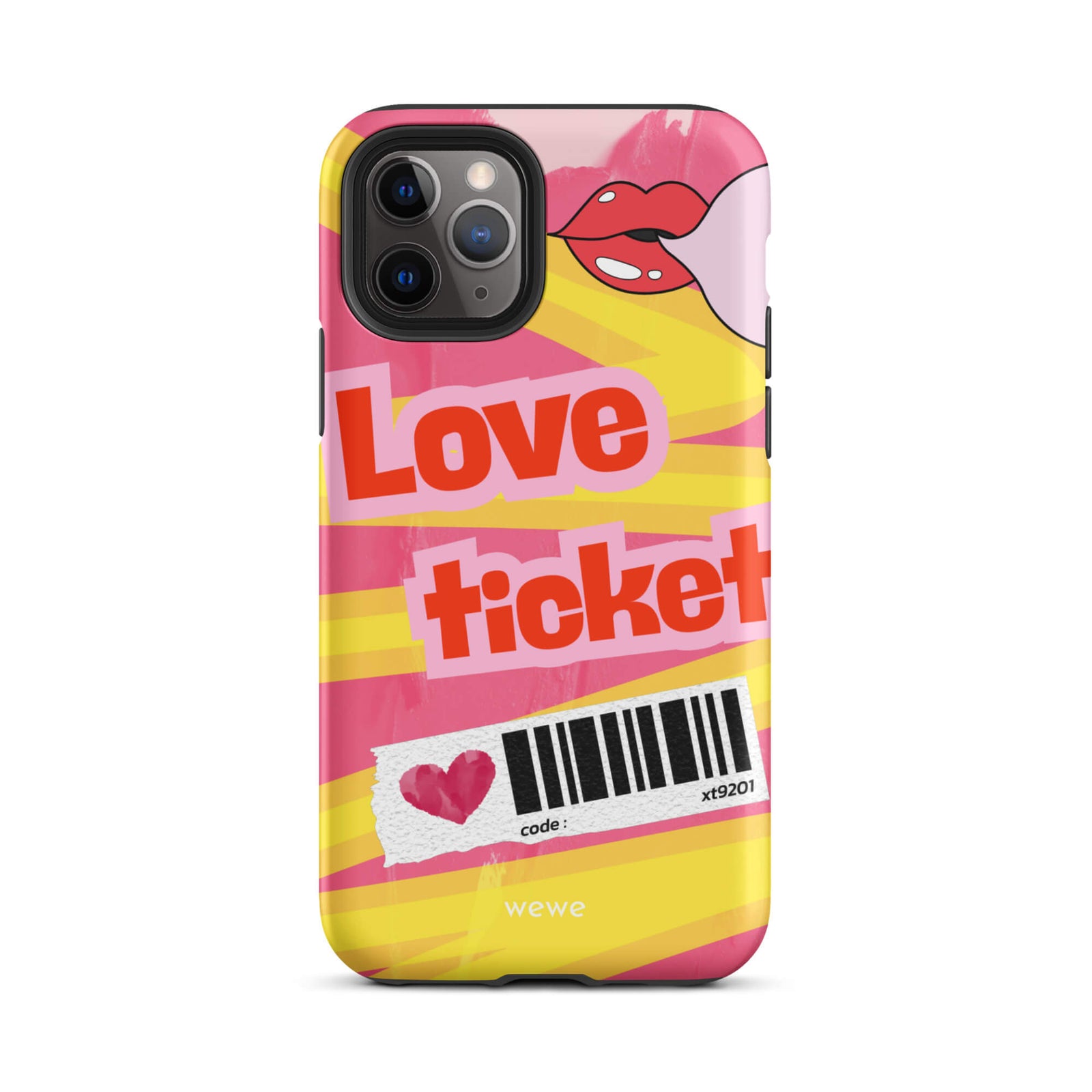 Custom iPhone case 11 pro with a bright, artistic collage design featuring a pink and yellow background, lips, and 'Love Ticket' text with a barcode.