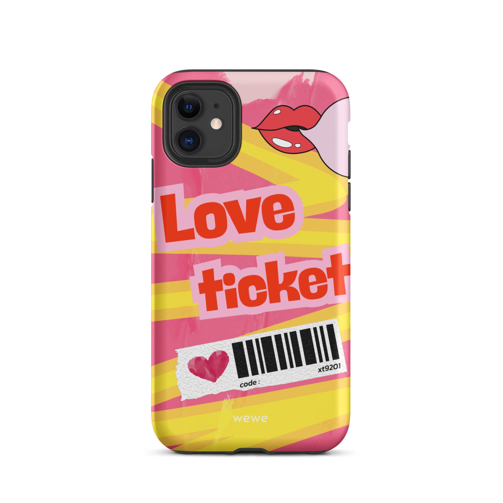 Custom iPhone case 11 with a bright, artistic collage design featuring a pink and yellow background, lips, and 'Love Ticket' text with a barcode.