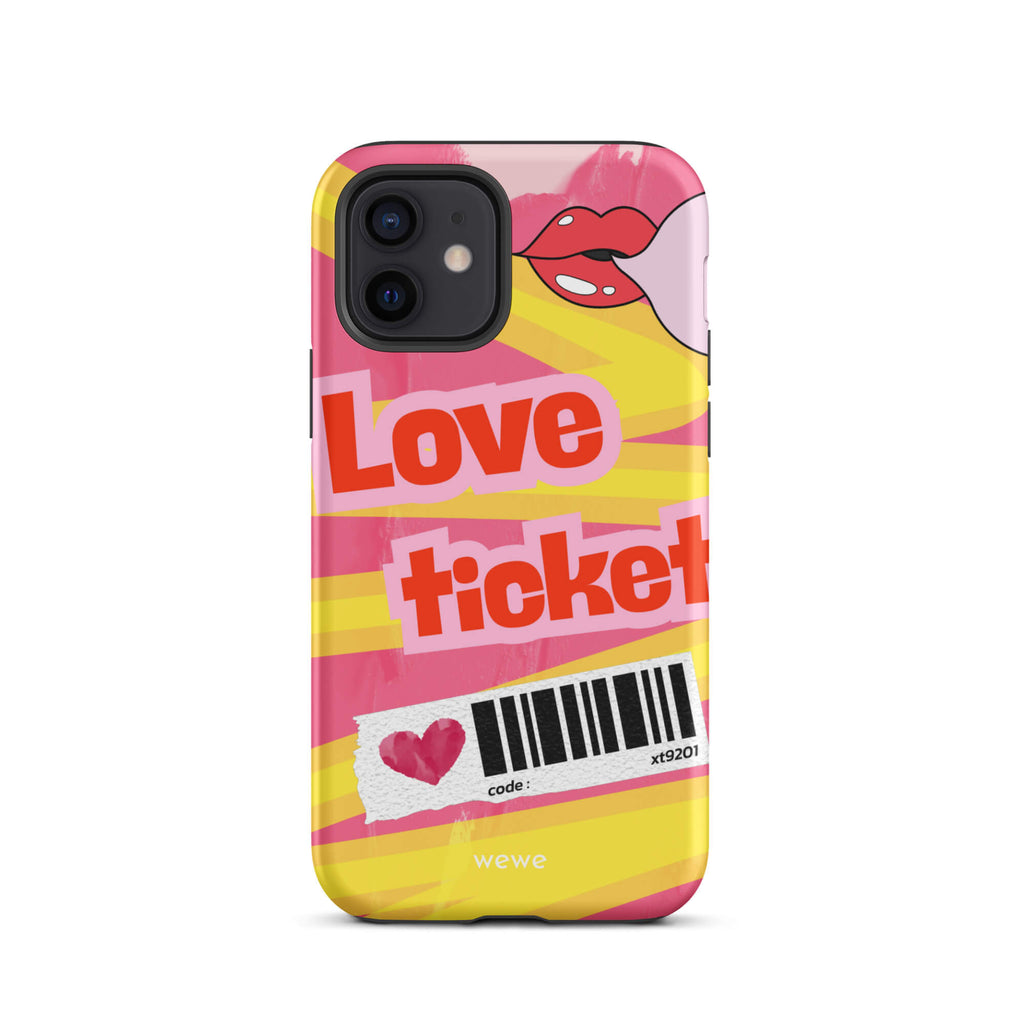 Custom iPhone case 12 with a bright, artistic collage design featuring a pink and yellow background, lips, and 'Love Ticket' text with a barcode.