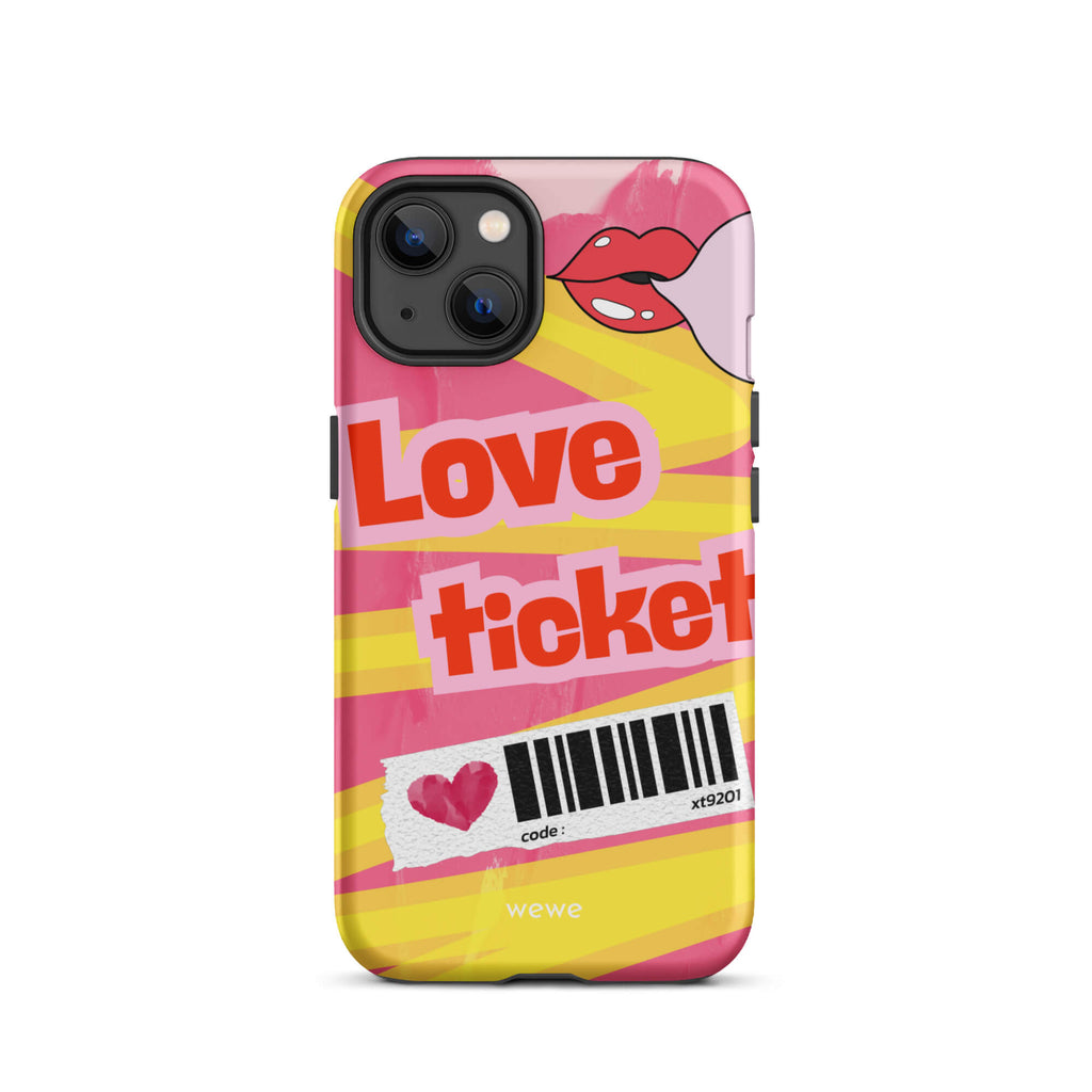 Custom iPhone case 13 with a bright, artistic collage design featuring a pink and yellow background, lips, and 'Love Ticket' text with a barcode.
