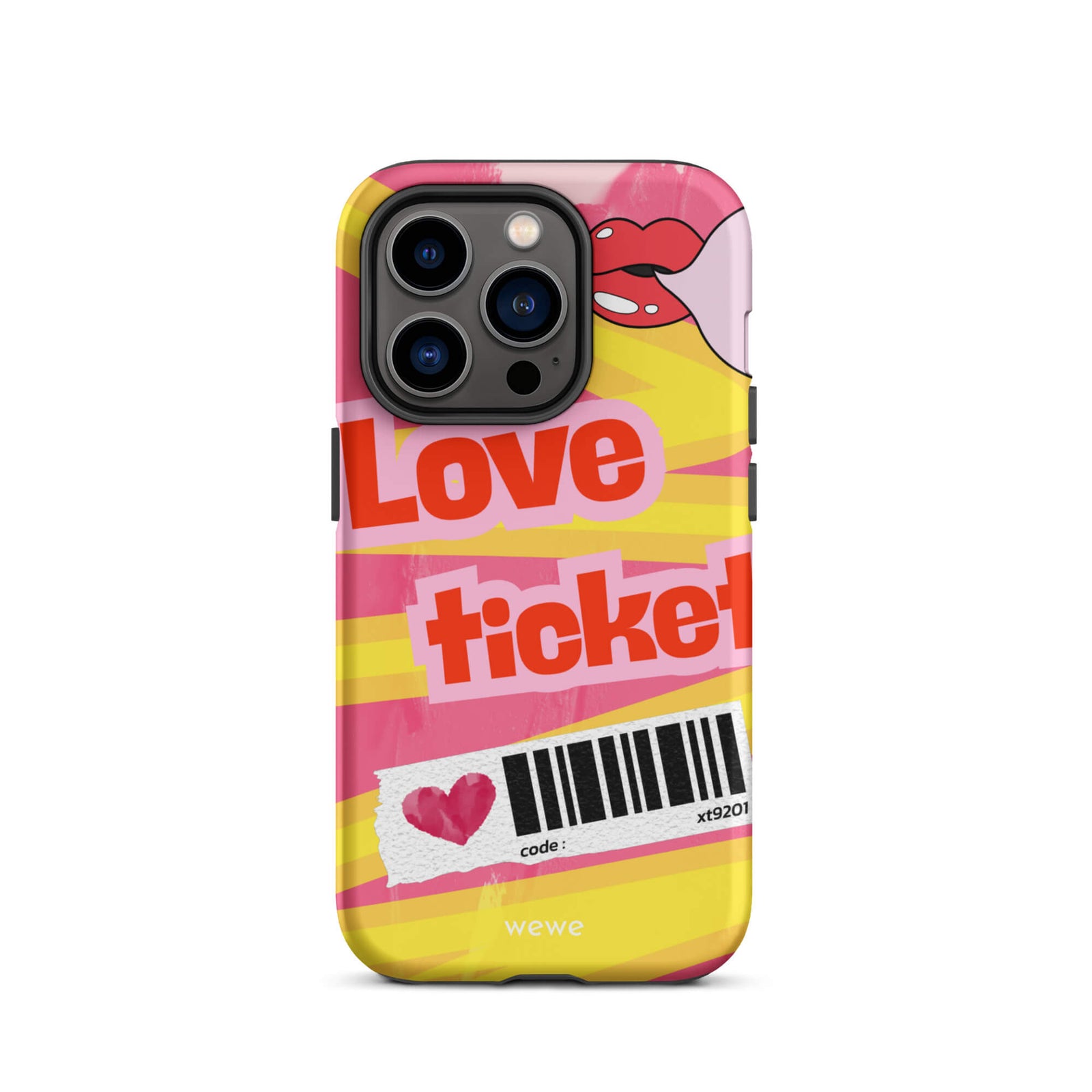Custom iPhone case 14 pro with a bright, artistic collage design featuring a pink and yellow background, lips, and 'Love Ticket' text with a barcode.