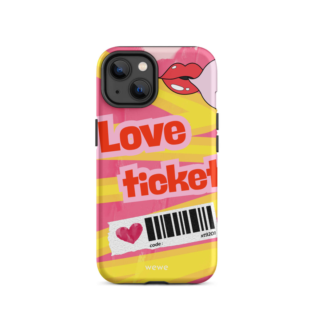Custom iPhone case 14 with a bright, artistic collage design featuring a pink and yellow background, lips, and 'Love Ticket' text with a barcode.