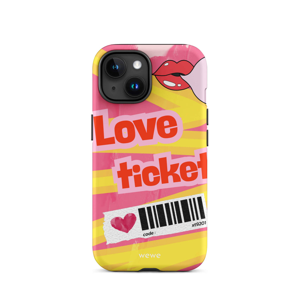 Custom iPhone case 15 with a bright, artistic collage design featuring a pink and yellow background, lips, and 'Love Ticket' text with a barcode.