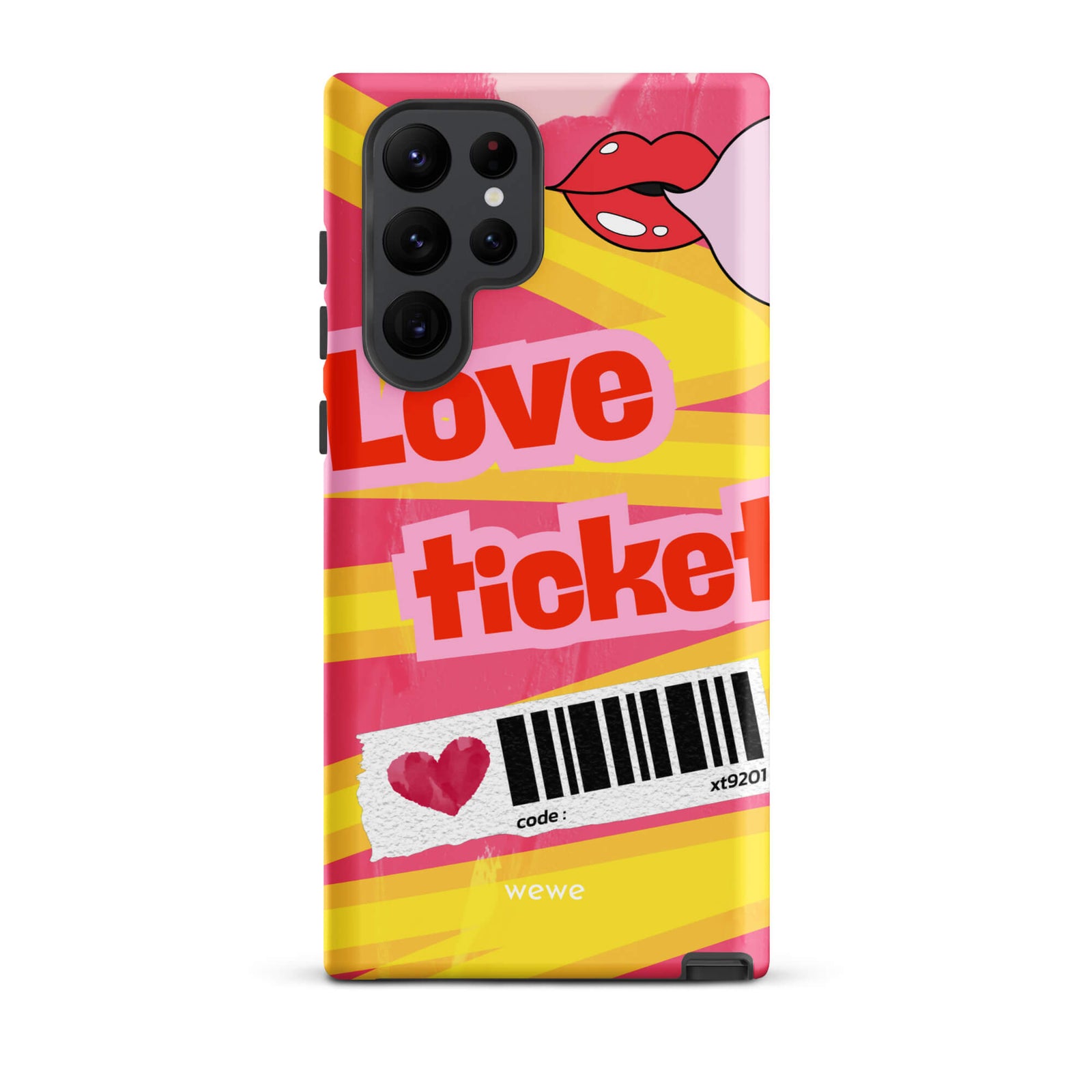 Custom samsung galaxy s22 ultra  Phone case with a bright, artistic collage design featuring a pink and yellow background, lips, and 'Love Ticket' text with a barcode.