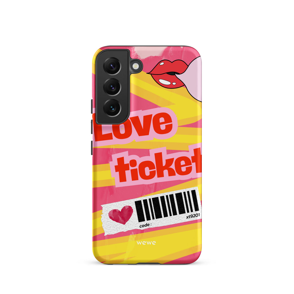 Custom samsung galaxy s22  Phone case with a bright, artistic collage design featuring a pink and yellow background, lips, and 'Love Ticket' text with a barcode.
