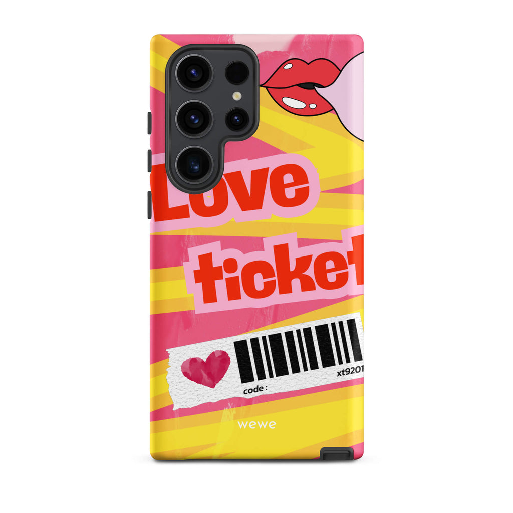 Custom samsung galaxy s23 ultra  Phone case with a bright, artistic collage design featuring a pink and yellow background, lips, and 'Love Ticket' text with a barcode.