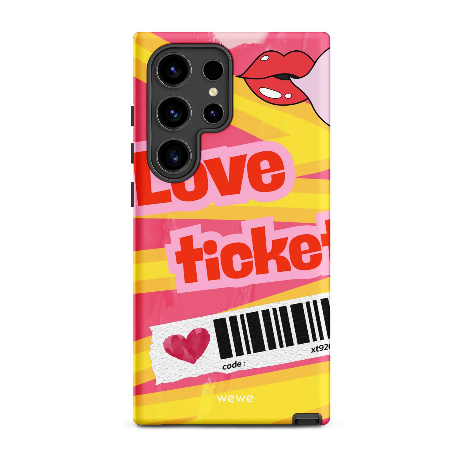 Custom samsung galaxy s24 ultra  Phone case with a bright, artistic collage design featuring a pink and yellow background, lips, and 'Love Ticket' text with a barcode.