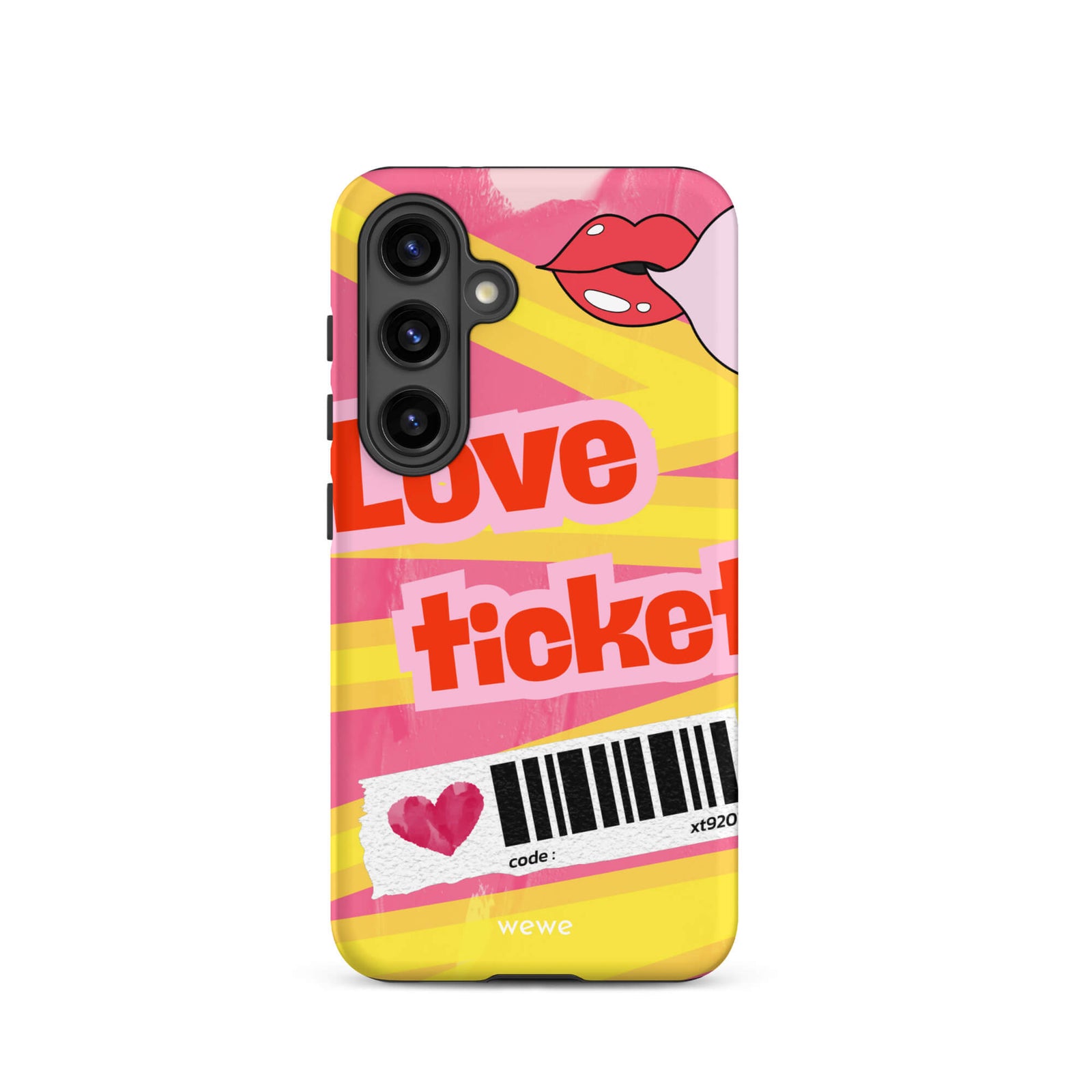 Custom samsung galaxy s24  Phone case with a bright, artistic collage design featuring a pink and yellow background, lips, and 'Love Ticket' text with a barcode.