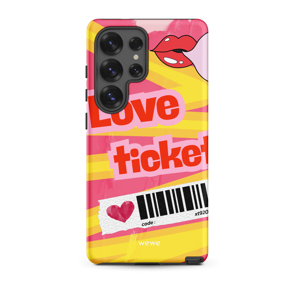 Custom samsung galaxy s25 ultra  Phone case with a bright, artistic collage design featuring a pink and yellow background, lips, and 'Love Ticket' text with a barcode.