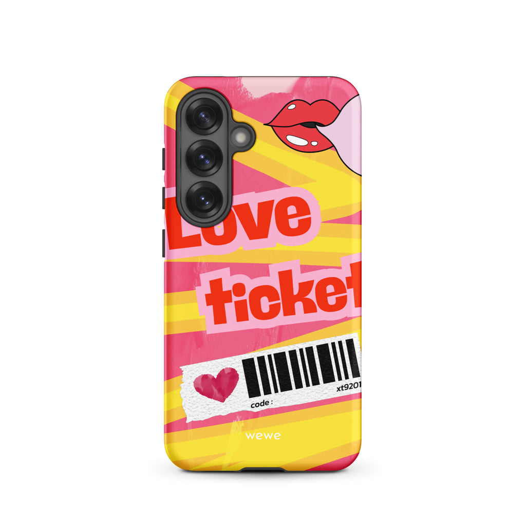 Custom samsung galaxy s25 Phone case with a bright, artistic collage design featuring a pink and yellow background, lips, and 'Love Ticket' text with a barcode.