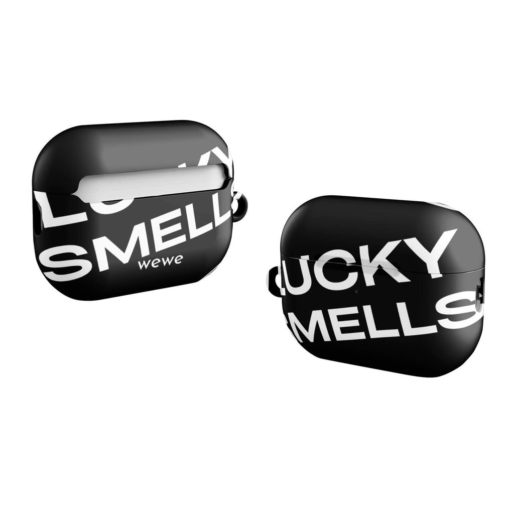 Custom AirPods case pro gen2 with a black background and white typography that says "LUCKY SMELLS" and "online and in sto".