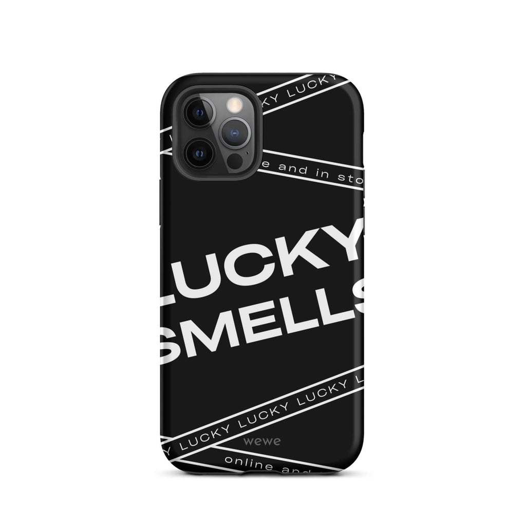 Custom iPhone case 12 pro with a black background and white typography that says "LUCKY SMELLS" and "online and in sto".
