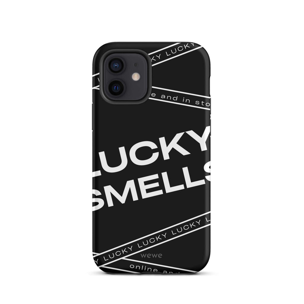 Custom iPhone case 12 with a black background and white typography that says "LUCKY SMELLS" and "online and in sto".