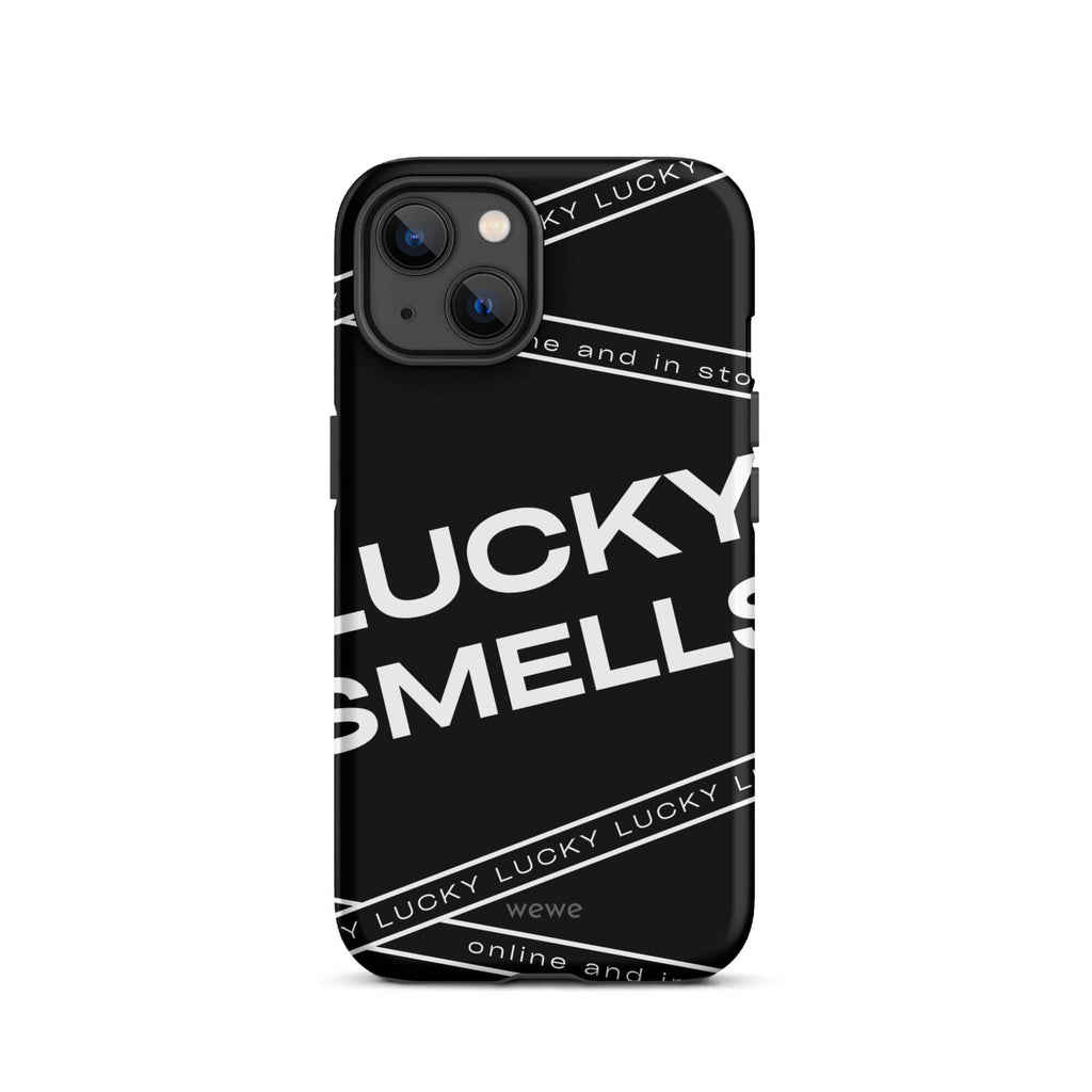Custom iPhone case 13 with a black background and white typography that says "LUCKY SMELLS" and "online and in sto".