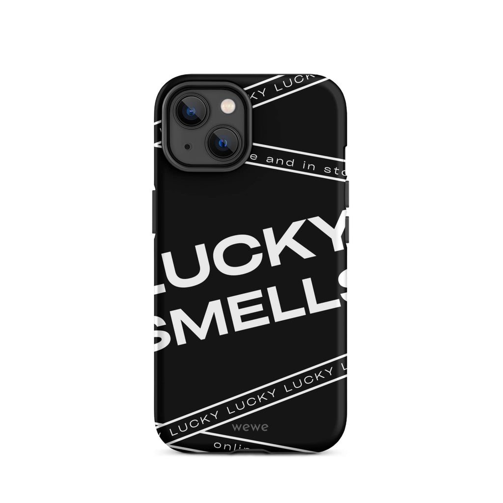 Custom iPhone case 14 with a black background and white typography that says "LUCKY SMELLS" and "online and in sto".