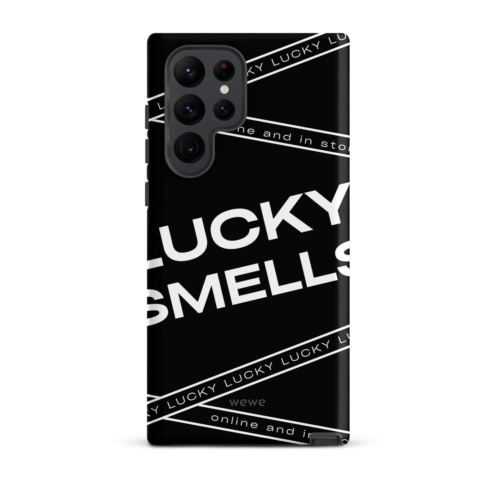 Custom samsung galaxy s22 ultra  Phone case with a black background and white typography that says "LUCKY SMELLS" and "online and in sto".
