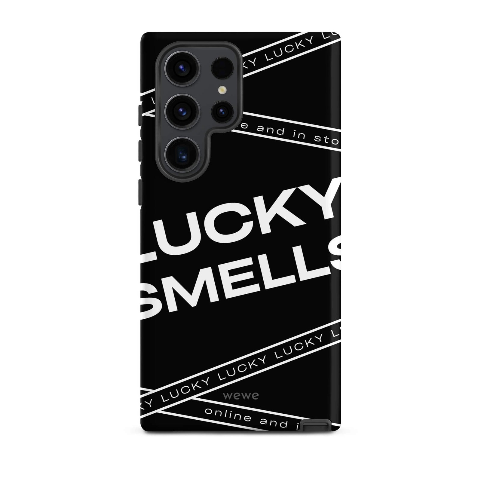 Custom samsung galaxy s23 ultra  Phone case with a black background and white typography that says "LUCKY SMELLS" and "online and in sto".