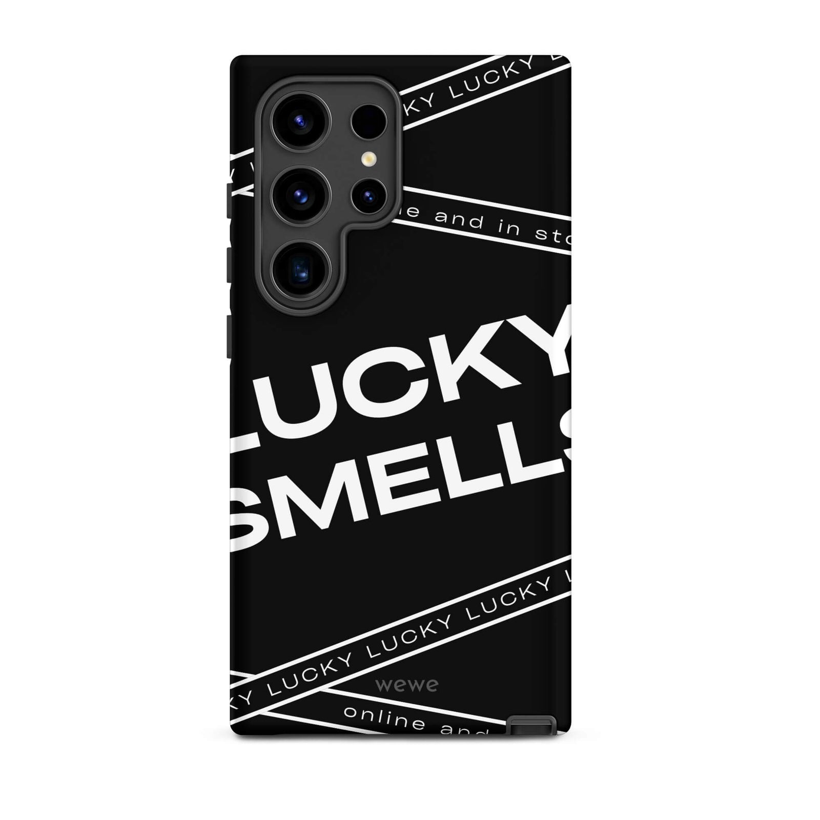 Custom samsung galaxy s24 ultra  Phone case with a black background and white typography that says "LUCKY SMELLS" and "online and in sto".