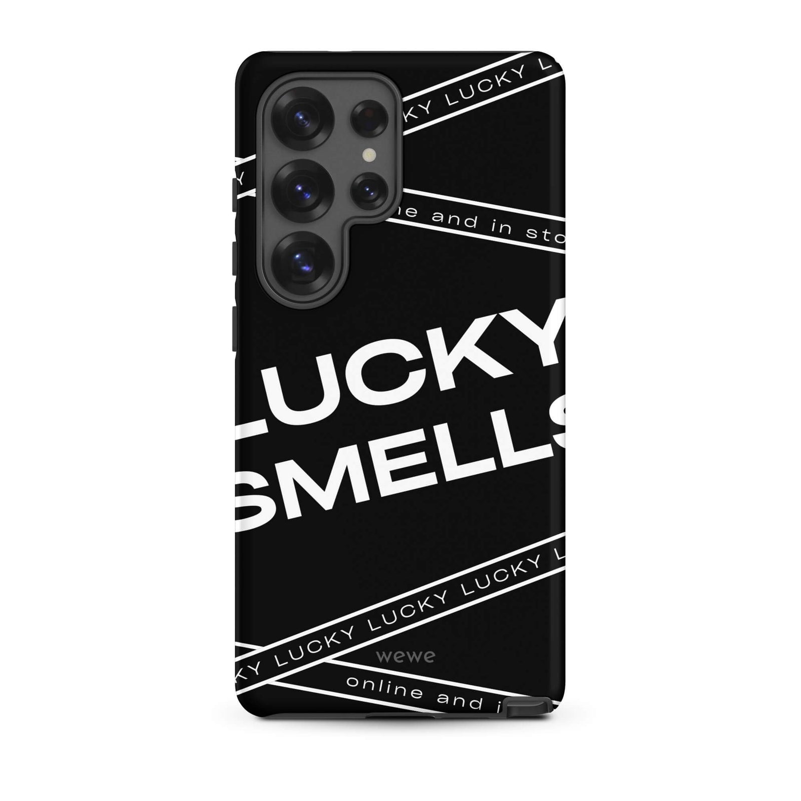 Custom samsung galaxy s25 ultra  Phone case with a black background and white typography that says "LUCKY SMELLS" and "online and in sto".