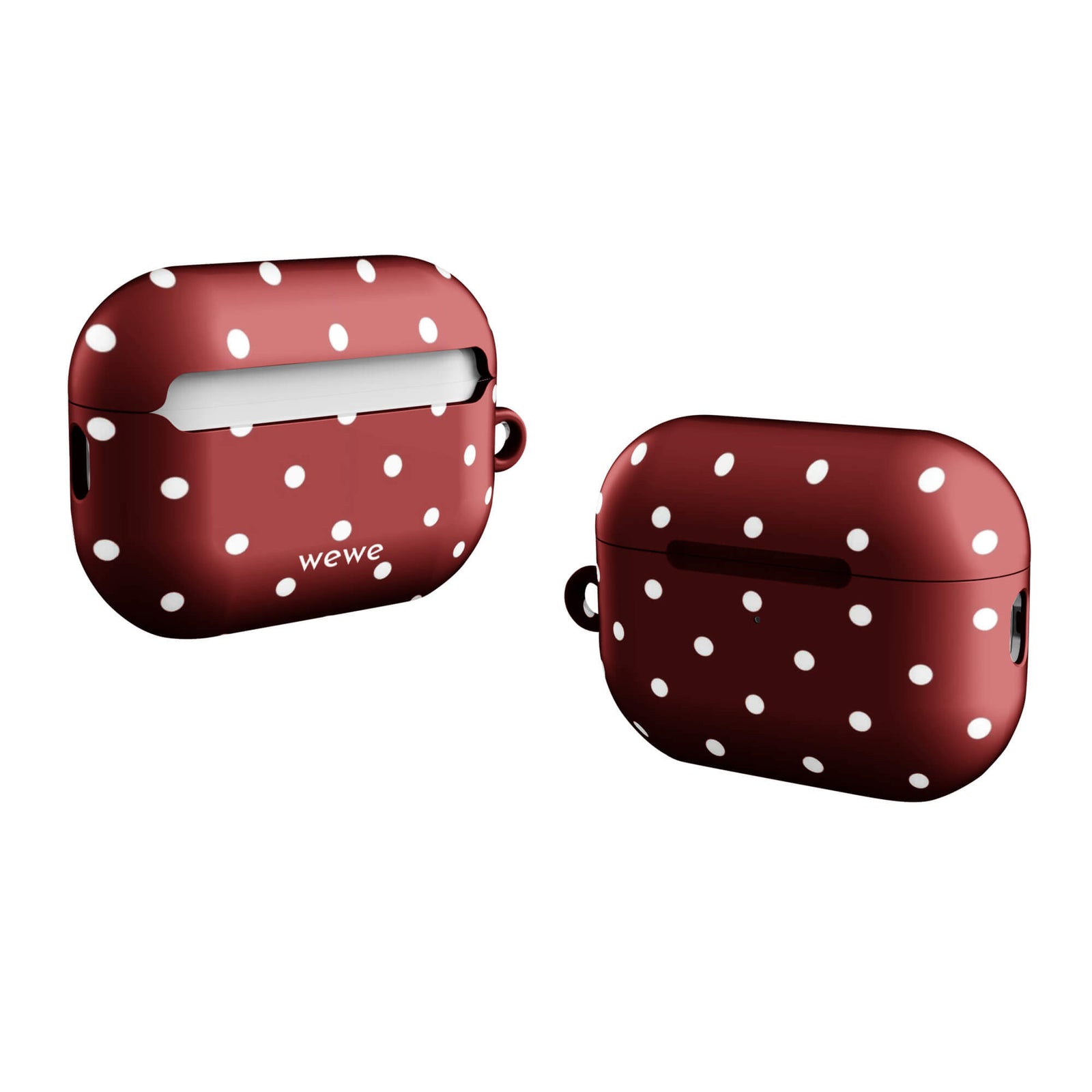 Custom AirPods case pro gen2 with a maroon red background and a pattern of small white polka dots.